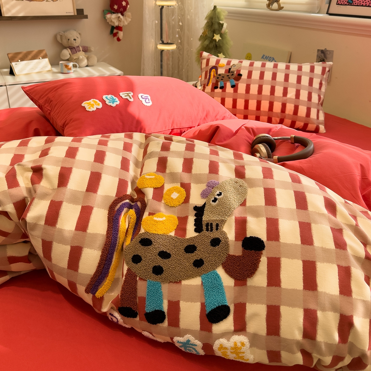 91家纺网 家纺一手货源 找家纺 珺柔家纺 2026新款马年全棉纯棉磨毛新春款四件套 马上有钱