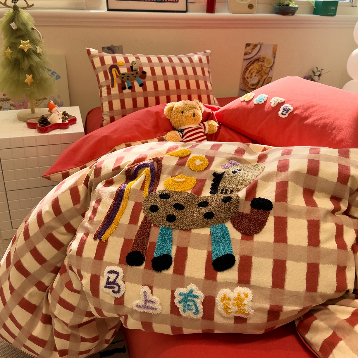 91家纺网 家纺一手货源 找家纺 珺柔家纺 2026新款马年全棉纯棉磨毛新春款四件套 马上有钱