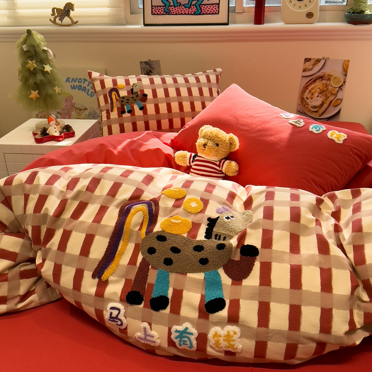 珺柔家纺 2026新款马年全棉纯棉磨毛新春款四件套 马上有钱