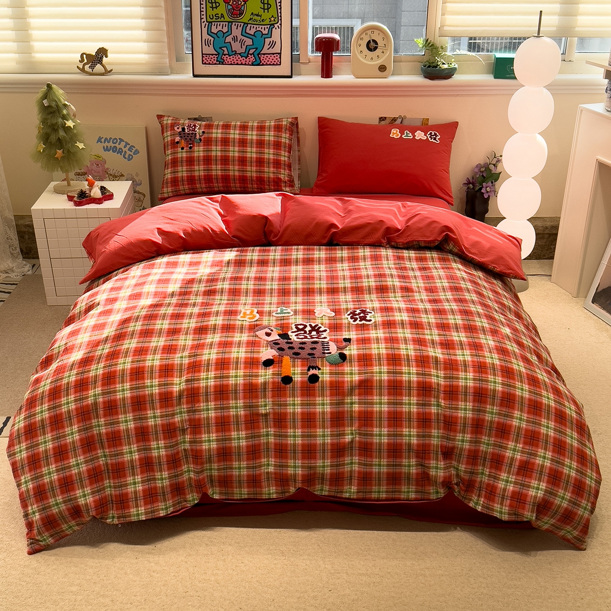 91家纺网 家纺一手货源 找家纺 珺柔家纺 2026新款马年全棉纯棉磨毛新春款四件套 马上大发