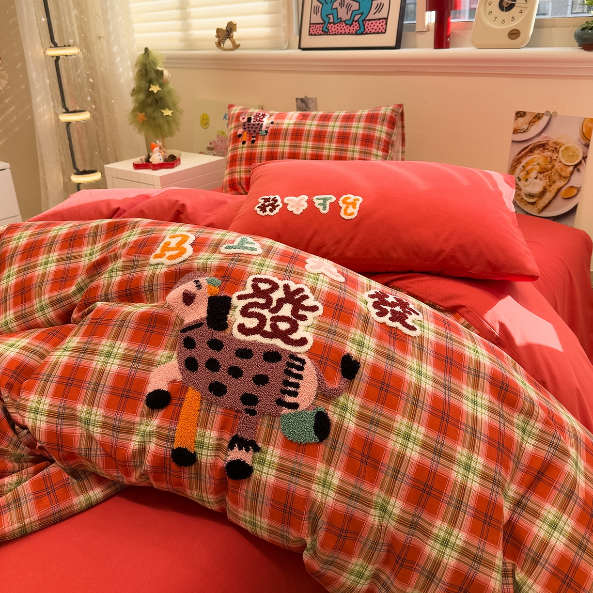 91家纺网 家纺一手货源 找家纺 珺柔家纺 2026新款马年全棉纯棉磨毛新春款四件套 马上大发