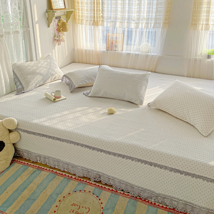 源舜家纺 2026新款全棉双层纱棉花边榻榻米炕盖款 波点灰