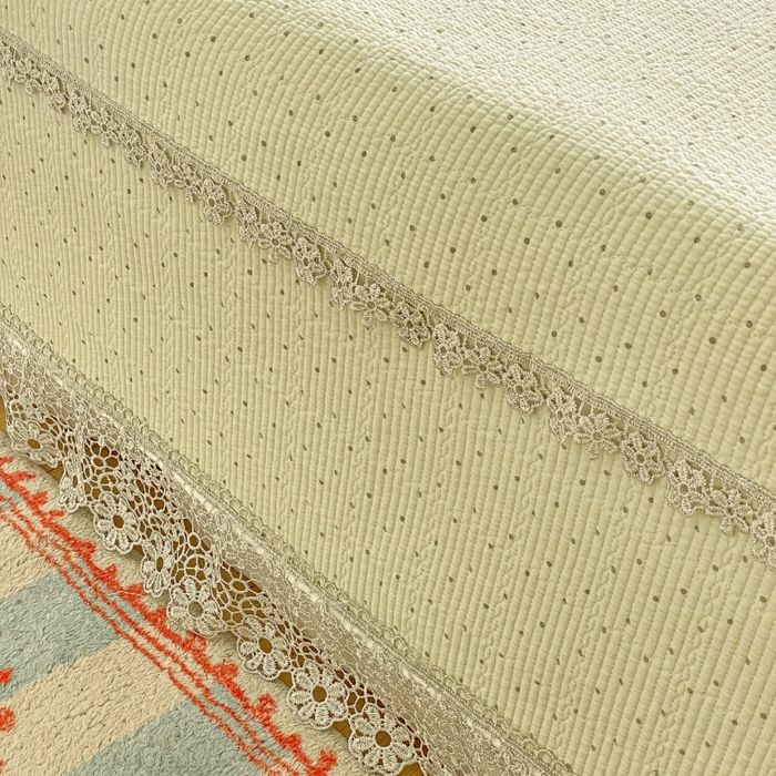 91家纺网 家纺一手货源 找家纺 源舜家纺 2026新款全棉双层纱棉花边榻榻米炕盖款 波点绿