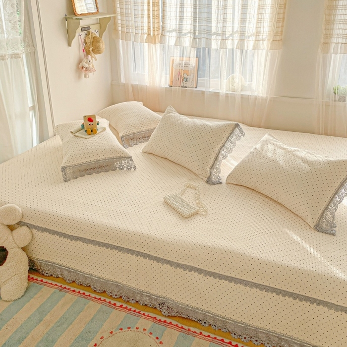 91家纺网 家纺一手货源 找家纺 源舜家纺 2026新款全棉双层纱棉花边榻榻米炕盖款 波点米