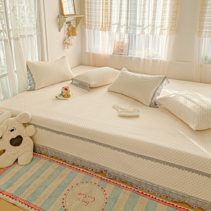 源舜家纺 2026新款全棉双层纱棉花边榻榻米炕盖款 波点米