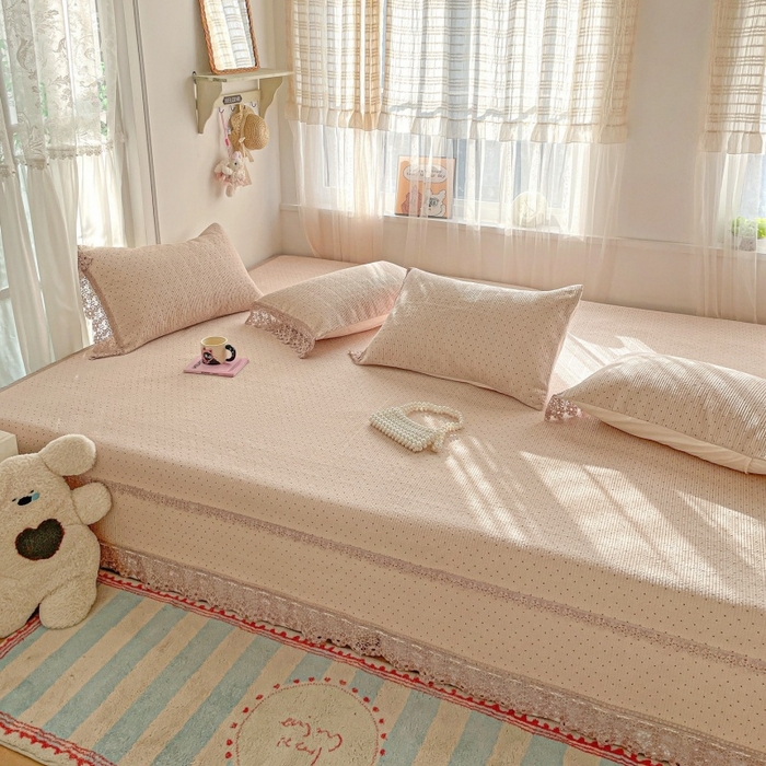 源舜家纺 2026新款全棉双层纱棉花边榻榻米炕盖款 波点杏