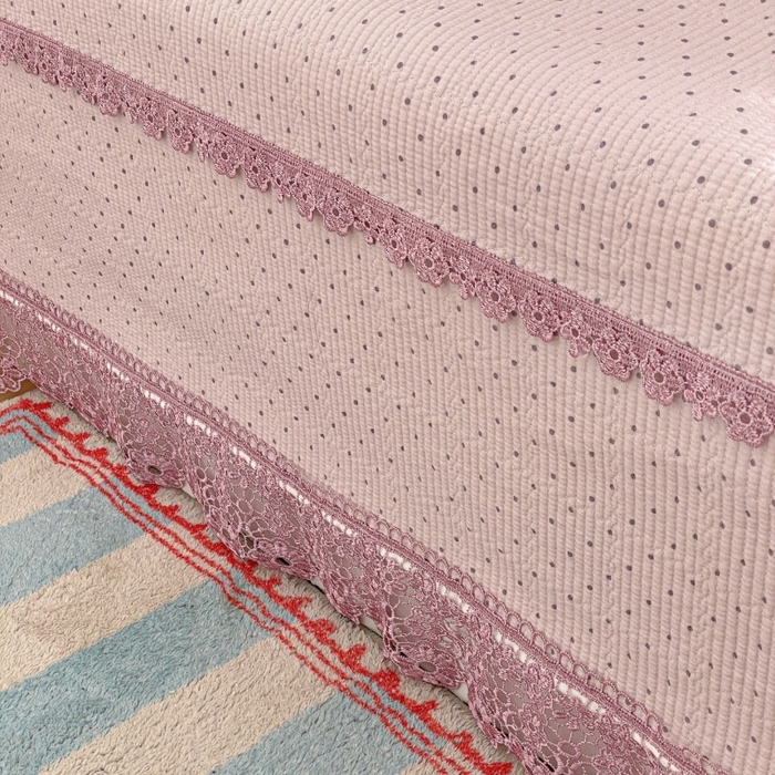 91家纺网 家纺一手货源 找家纺 源舜家纺 2026新款全棉双层纱棉花边榻榻米炕盖款 波点紫