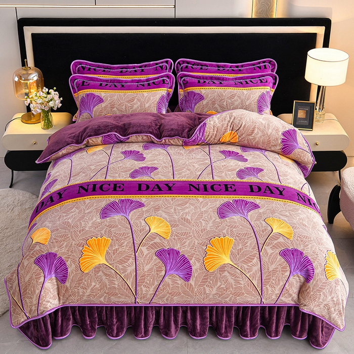 91家纺网 家纺一手货源 找家纺 诺梵家纺 2025新款8斤加厚保暖金貂绒牛奶绒印花四件套 三生有幸紫