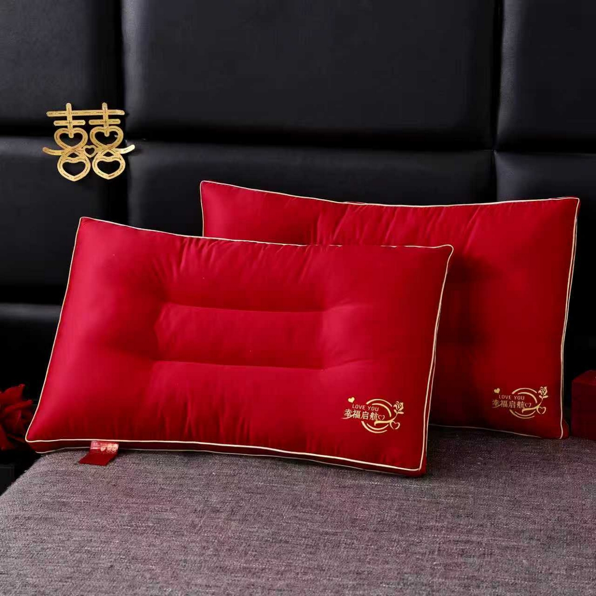 91家纺网 家纺一手货源 找家纺 云熙枕业 2026新款全棉纯棉立体定型大红婚庆护颈枕枕头枕芯 幸福启航