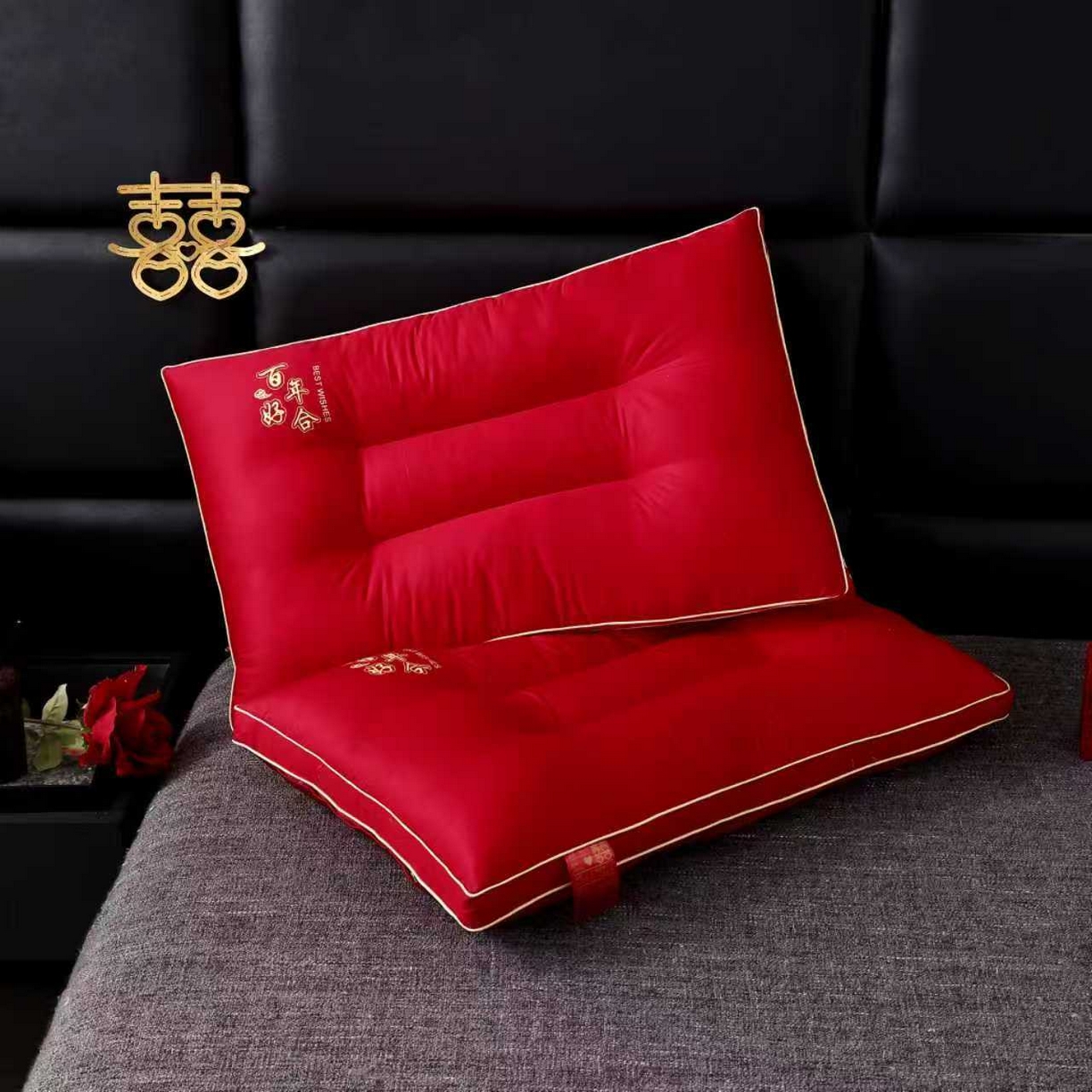 91家纺网 家纺一手货源 找家纺 云熙枕业 2026新款全棉纯棉立体定型大红婚庆护颈枕枕头枕芯 百年好合