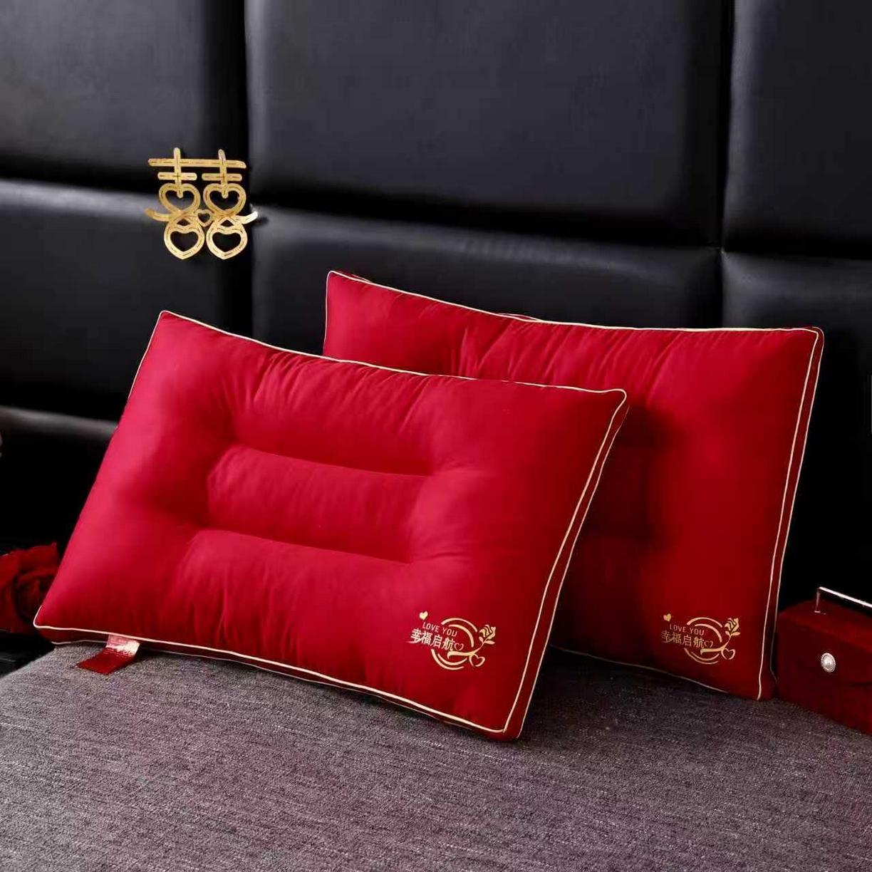 91家纺网 家纺一手货源 找家纺 云熙枕业 2026新款全棉纯棉立体定型大红婚庆护颈枕枕头枕芯 幸福启航