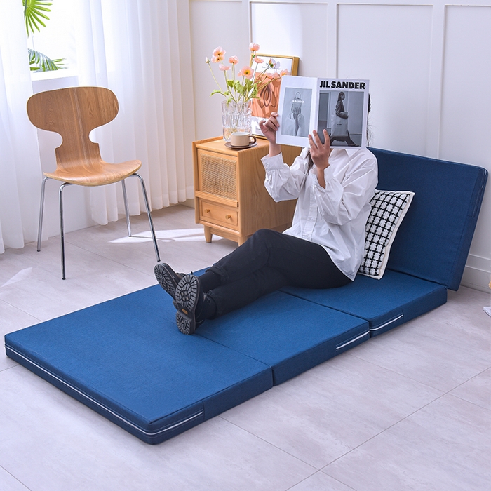 小豚鼠 2025新款亚麻四折多功能四季床垫 墨青蓝