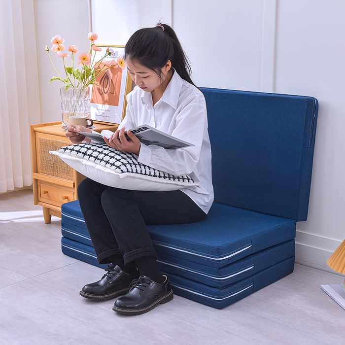 91家纺网 家纺一手货源 找家纺 小豚鼠 2025新款亚麻四折多功能四季床垫 墨青蓝