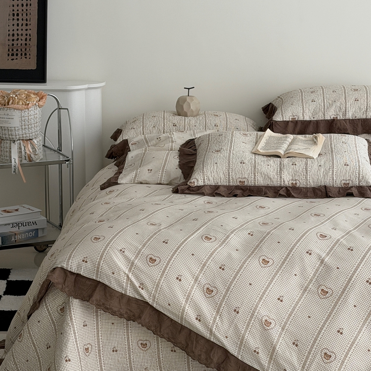 91家纺网 家纺一手货源 找家纺 佰织鑫家居 2025新款全棉法式砂洗棉花床盖款被套四件套 爱心小熊