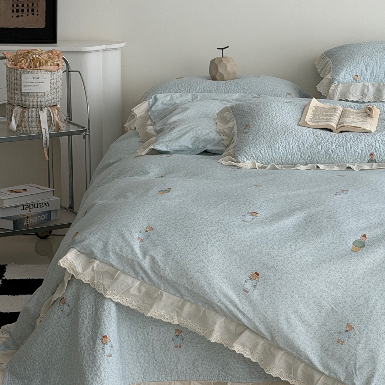 91家纺网 家纺一手货源 找家纺 佰织鑫家居 2025新款全棉法式砂洗棉花床盖款被套四件套 彼得兔