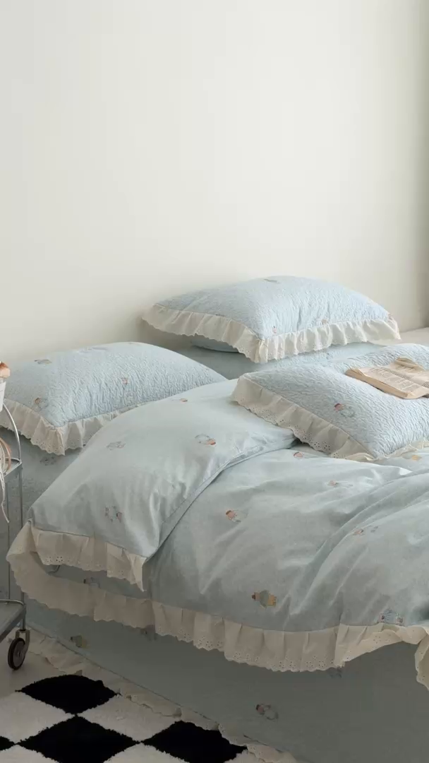 91家纺网 家纺一手货源 找家纺 佰织鑫家居 2025新款全棉法式砂洗棉花床盖款被套四件套 彼得兔