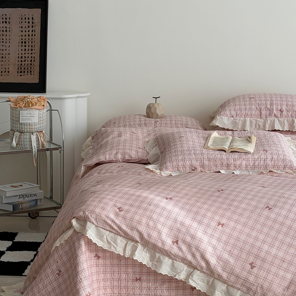 91家纺网 家纺一手货源 找家纺 佰织鑫家居 2025新款全棉法式砂洗棉花床盖款被套四件套 蝴蝶结