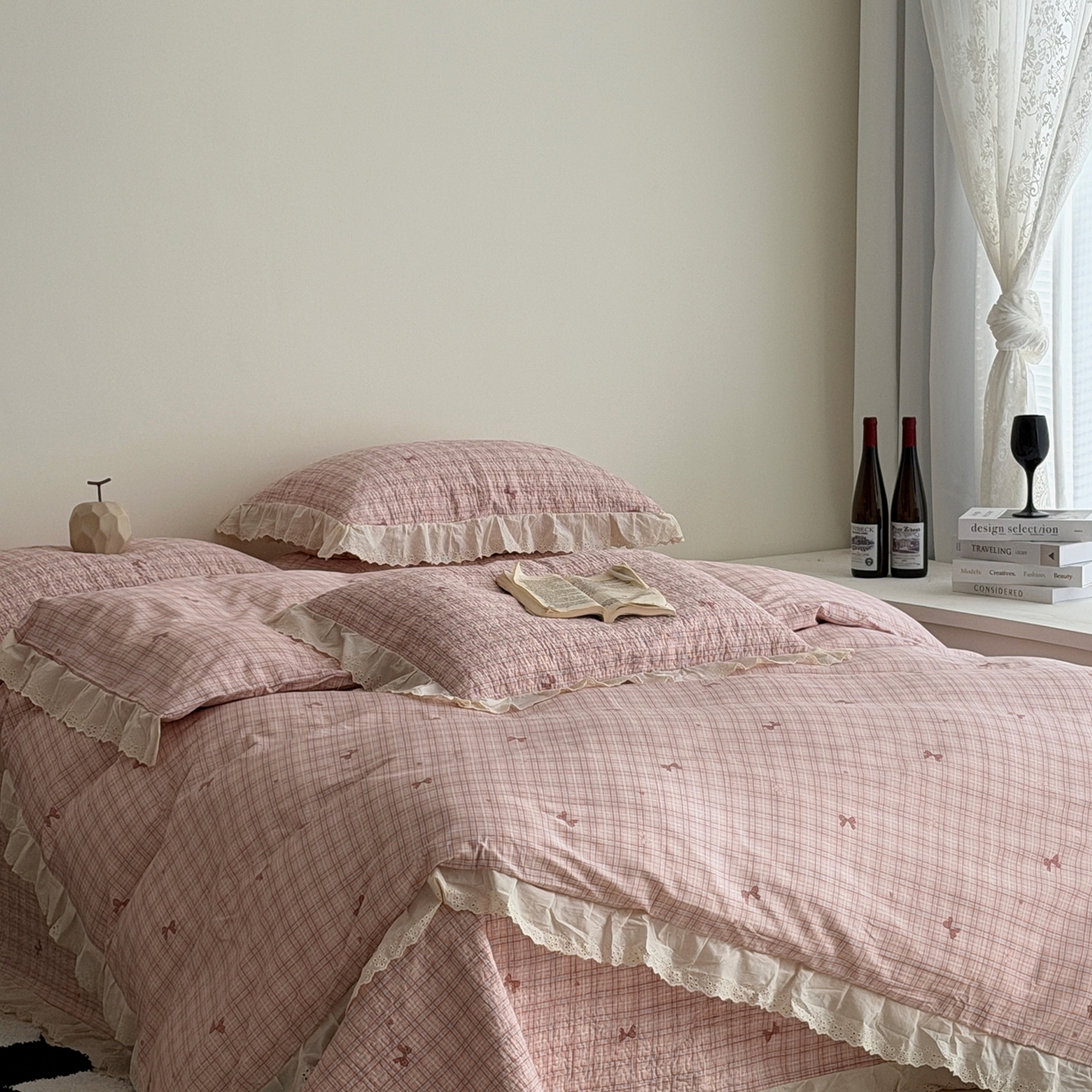 91家纺网 家纺一手货源 找家纺 佰织鑫家居 2025新款全棉法式砂洗棉花床盖款被套四件套 蝴蝶结