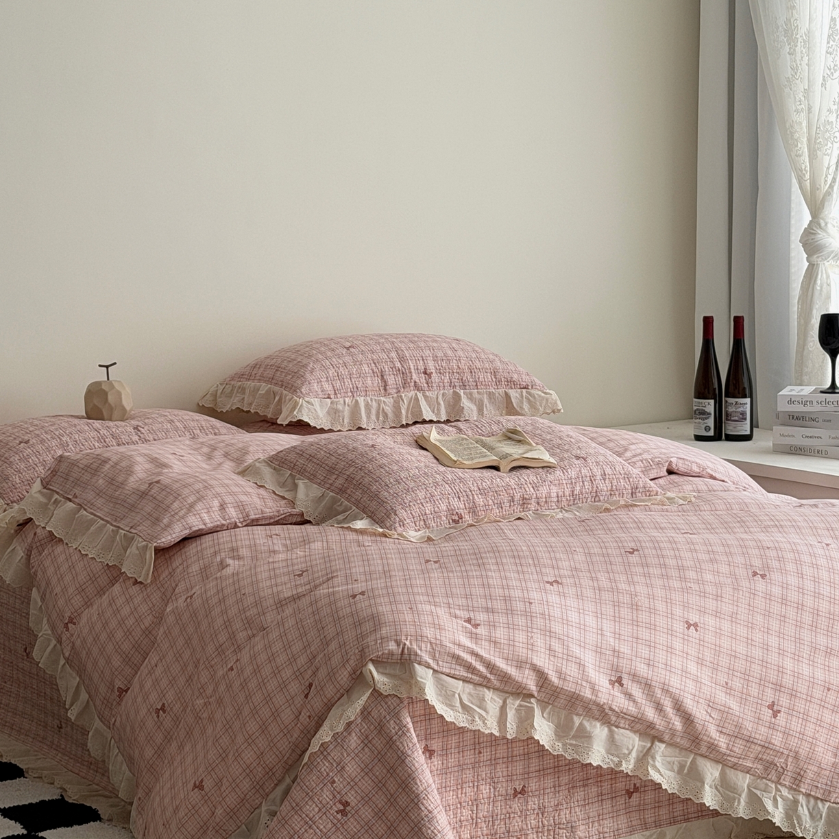 91家纺网 家纺一手货源 找家纺 佰织鑫家居 2025新款全棉法式砂洗棉花床盖款被套四件套 蝴蝶结