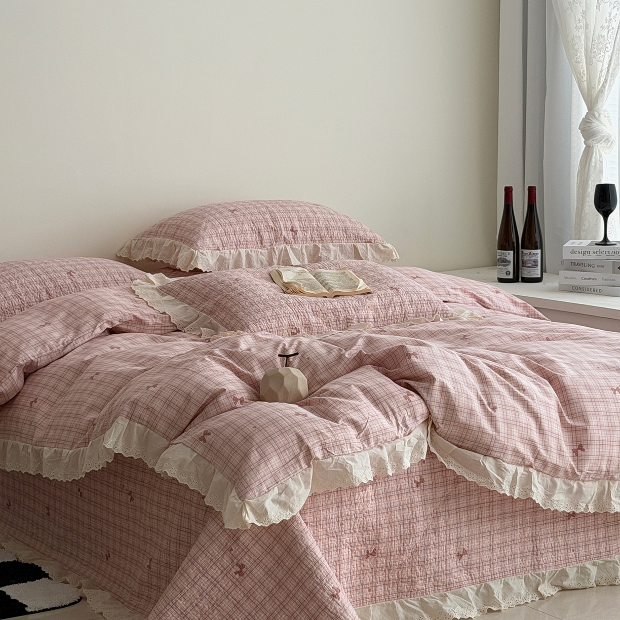 91家纺网 家纺一手货源 找家纺 佰织鑫家居 2025新款全棉法式砂洗棉花床盖款被套四件套 蝴蝶结