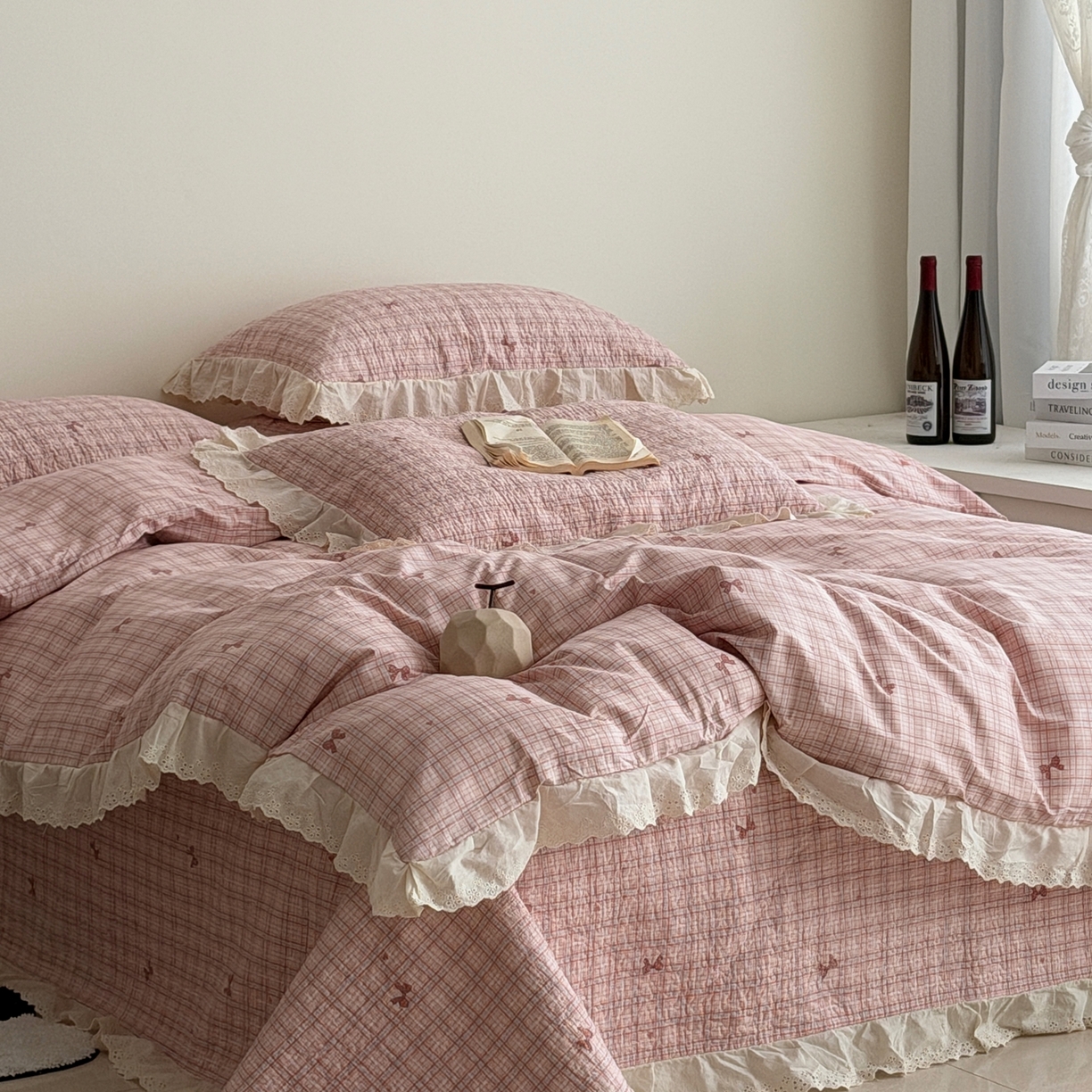 91家纺网 家纺一手货源 找家纺 佰织鑫家居 2025新款全棉法式砂洗棉花床盖款被套四件套 蝴蝶结