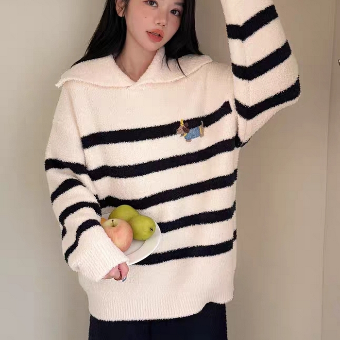 91家纺网 家纺一手货源 找家纺 妍景家居生活馆 2026新款软绵绵翻领条纹款家居服睡衣套装 黑色