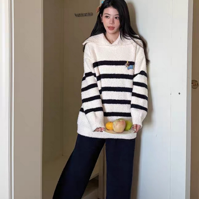 91家纺网 家纺一手货源 找家纺 （总）妍景家居生活馆 2026新款软绵绵翻领条纹款家居服睡衣套装