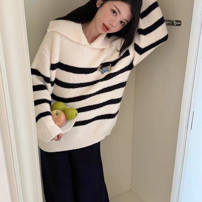 91家纺网 家纺一手货源 找家纺 （总）妍景家居生活馆 2026新款软绵绵翻领条纹款家居服睡衣套装