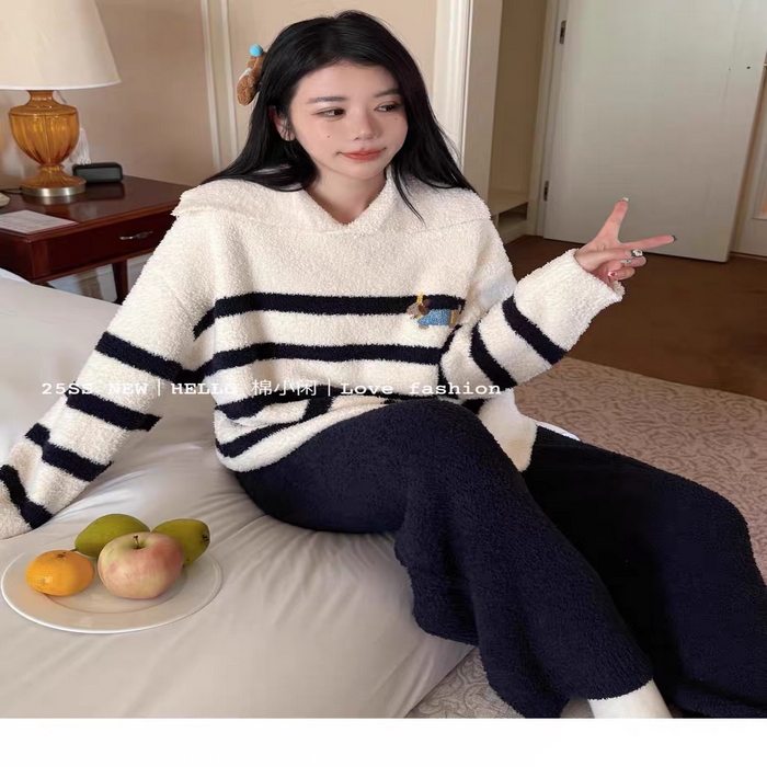 91家纺网 家纺一手货源 找家纺 （总）妍景家居生活馆 2026新款软绵绵翻领条纹款家居服睡衣套装