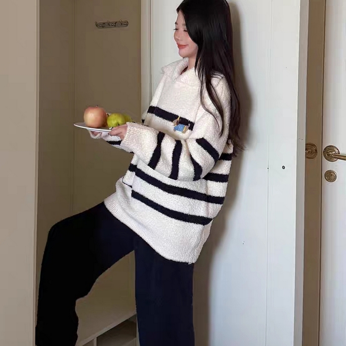 91家纺网 家纺一手货源 找家纺 妍景家居生活馆 2026新款软绵绵翻领条纹款家居服睡衣套装 黑色