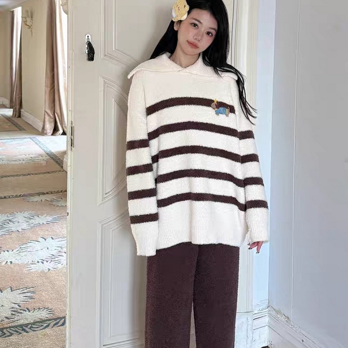 91家纺网 家纺一手货源 找家纺 妍景家居生活馆 2026新款软绵绵翻领条纹款家居服睡衣套装 咖色