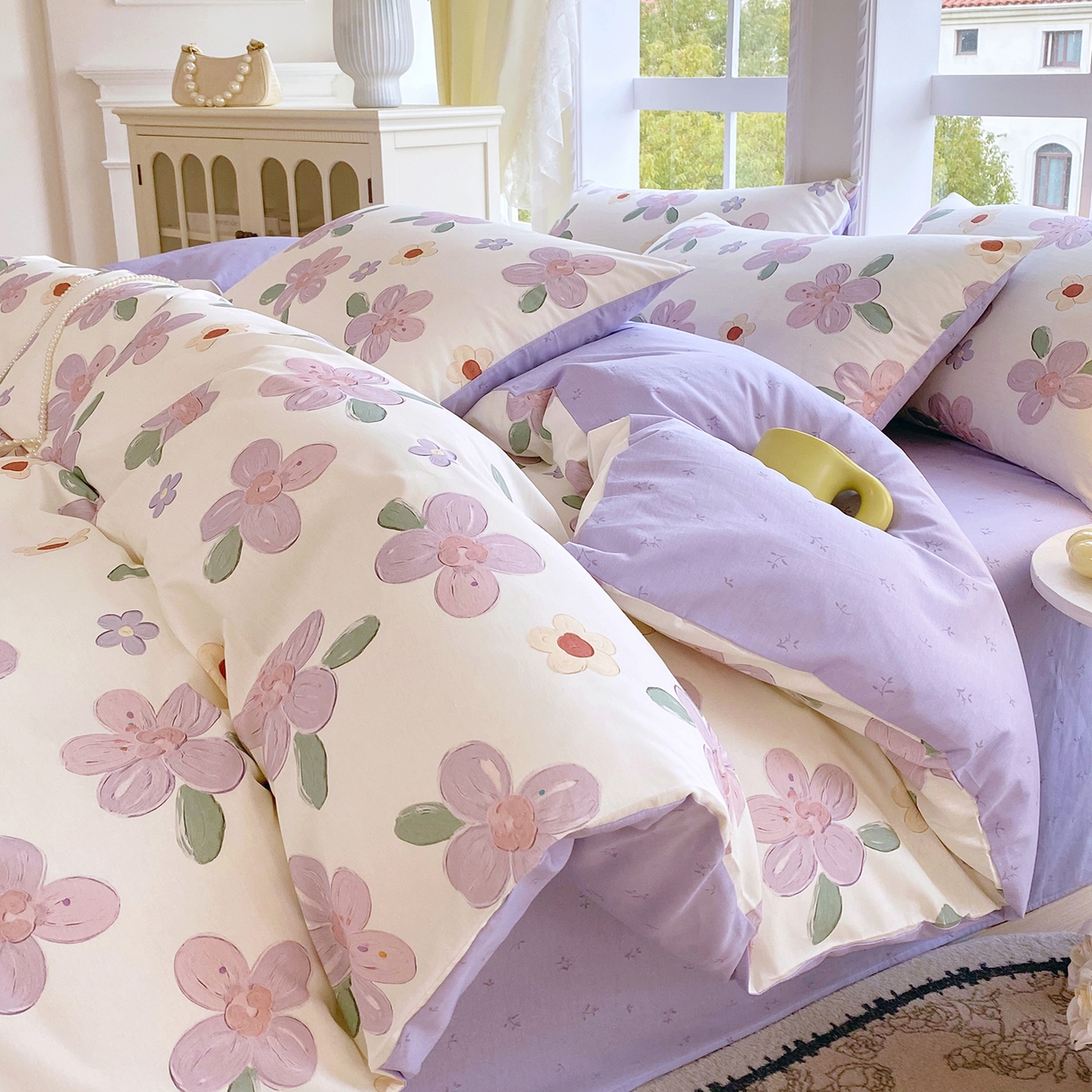 小懒猪 2026春夏新款全棉纯棉花卉款四件套 淡紫花屹