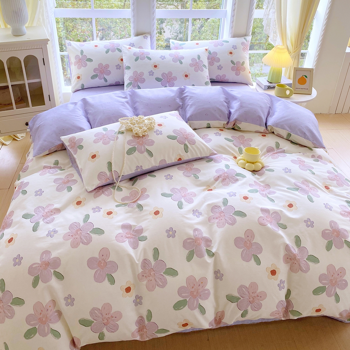 91家纺网 家纺一手货源 找家纺 小懒猪 2026春夏新款全棉纯棉花卉款四件套 淡紫花屹