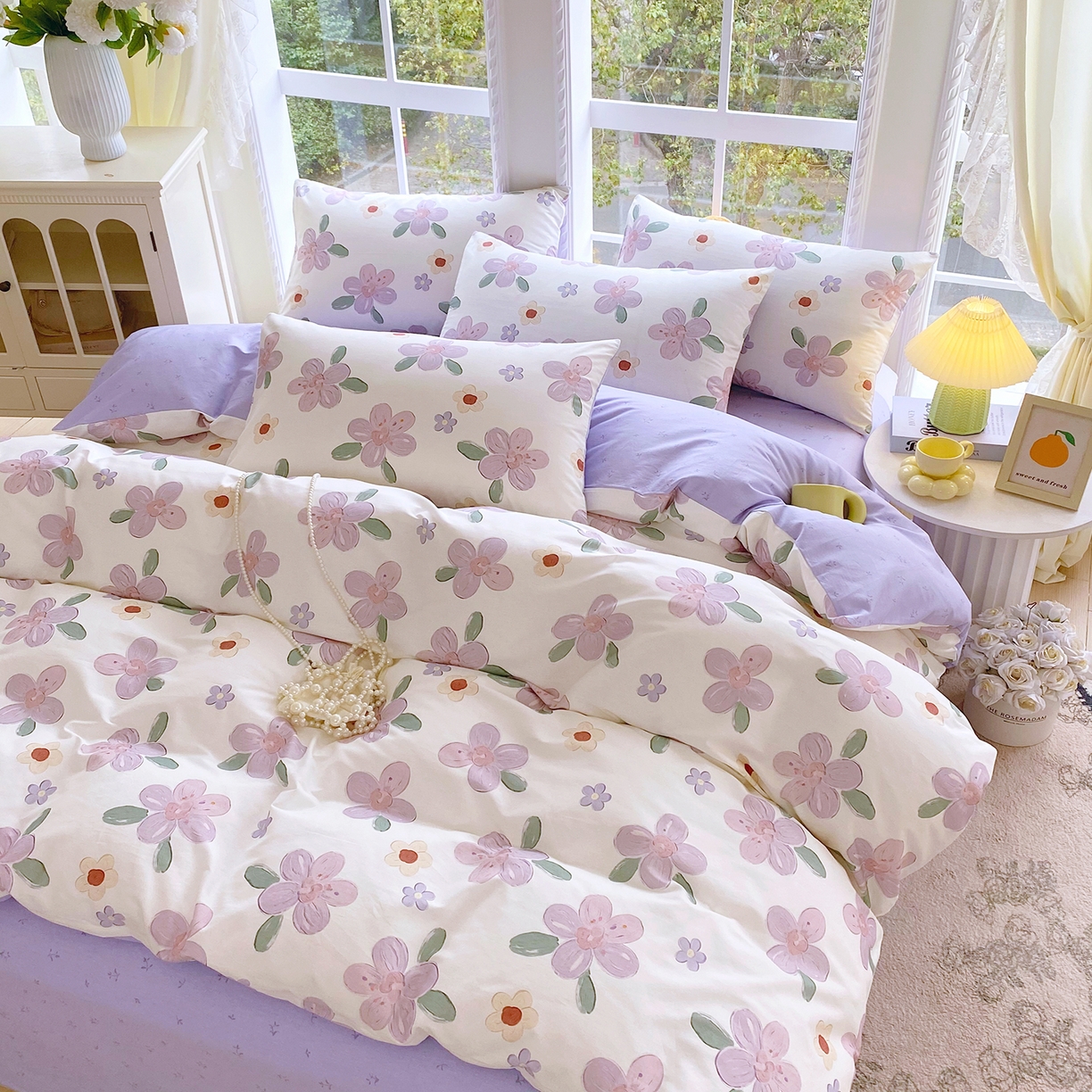 91家纺网 家纺一手货源 找家纺 小懒猪 2026春夏新款全棉纯棉花卉款四件套 淡紫花屹