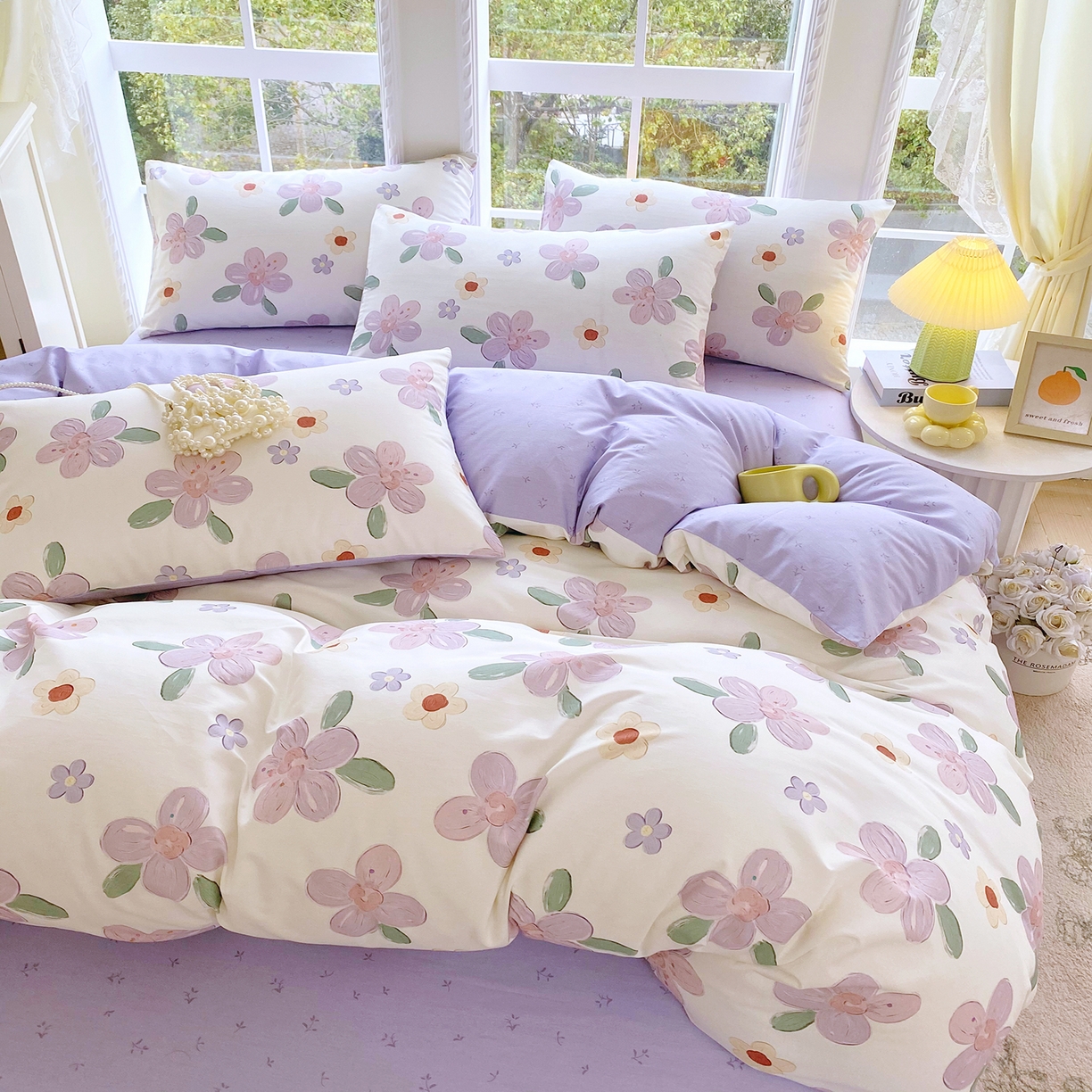 91家纺网 家纺一手货源 找家纺 小懒猪 2026春夏新款全棉纯棉花卉款四件套 淡紫花屹