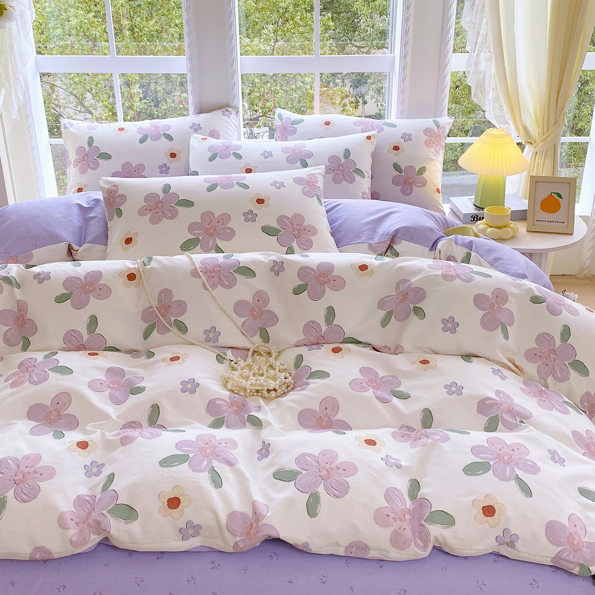 91家纺网 家纺一手货源 找家纺 小懒猪 2026春夏新款全棉纯棉花卉款四件套 淡紫花屹