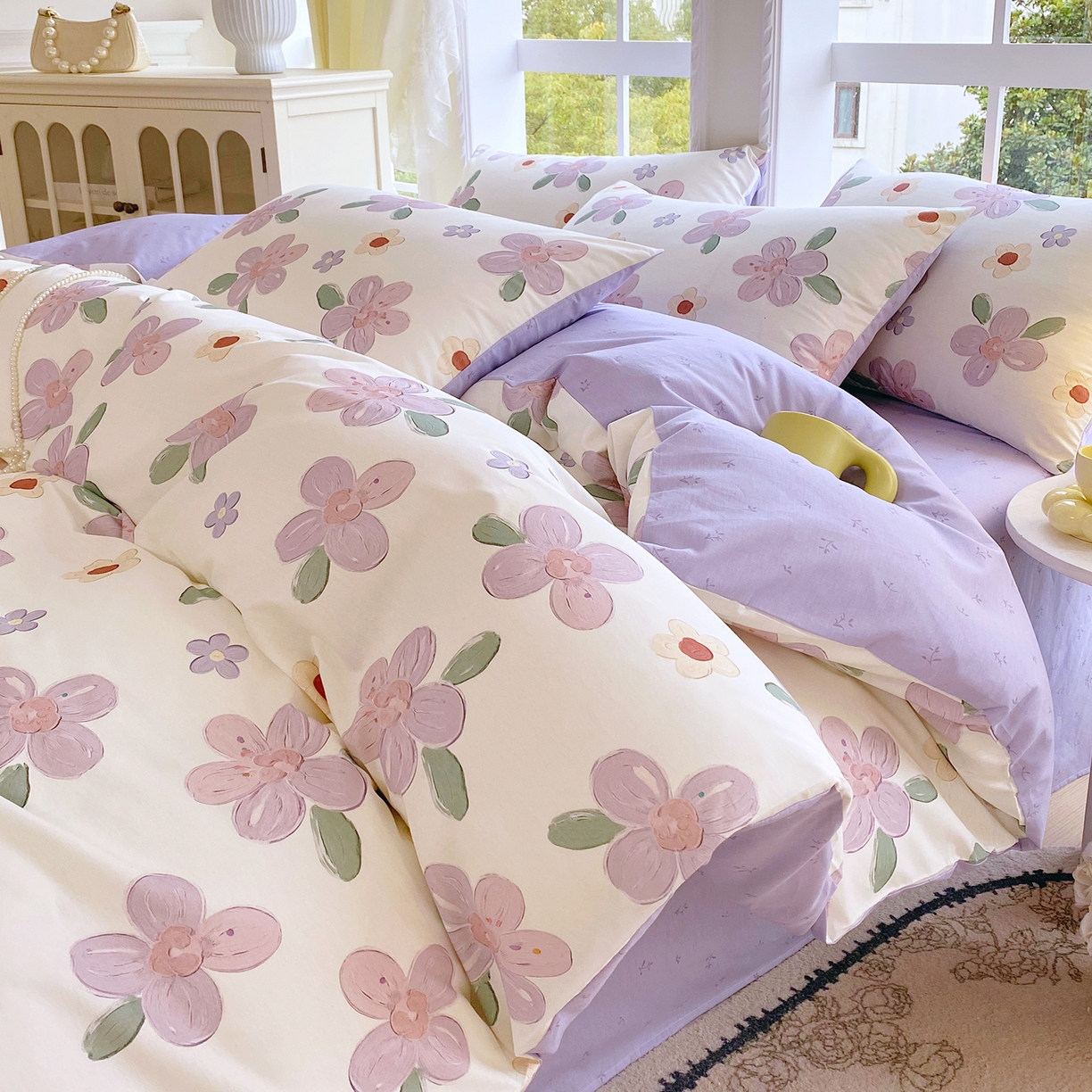 91家纺网 家纺一手货源 找家纺 小懒猪 2026春夏新款全棉纯棉花卉款四件套 淡紫花屹