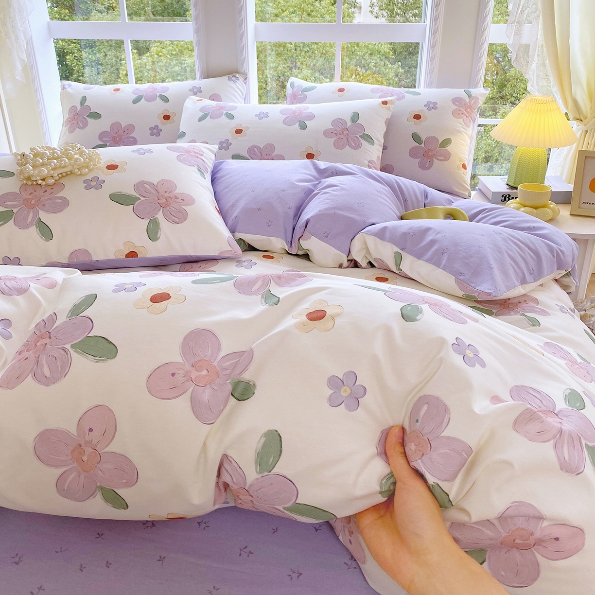 91家纺网 家纺一手货源 找家纺 小懒猪 2026春夏新款全棉纯棉花卉款四件套 淡紫花屹