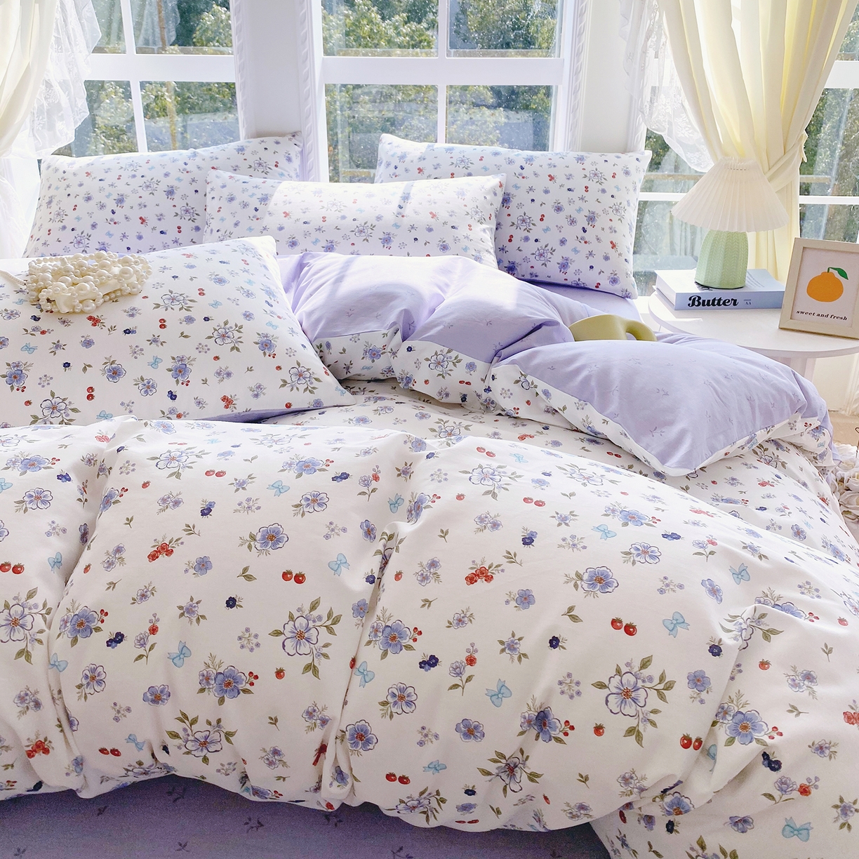 91家纺网 家纺一手货源 找家纺 小懒猪 2026春夏新款全棉纯棉花卉款四件套 雾蓝花簇