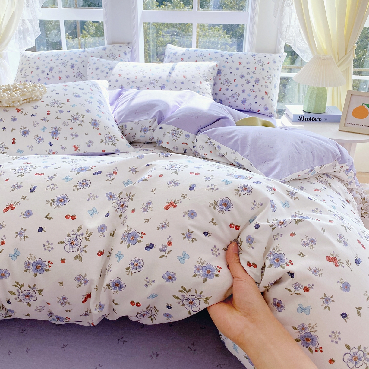 91家纺网 家纺一手货源 找家纺 小懒猪 2026春夏新款全棉纯棉花卉款四件套 雾蓝花簇