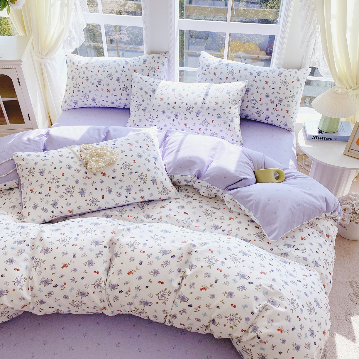 91家纺网 家纺一手货源 找家纺 小懒猪 2026春夏新款全棉纯棉花卉款四件套 雾蓝花簇