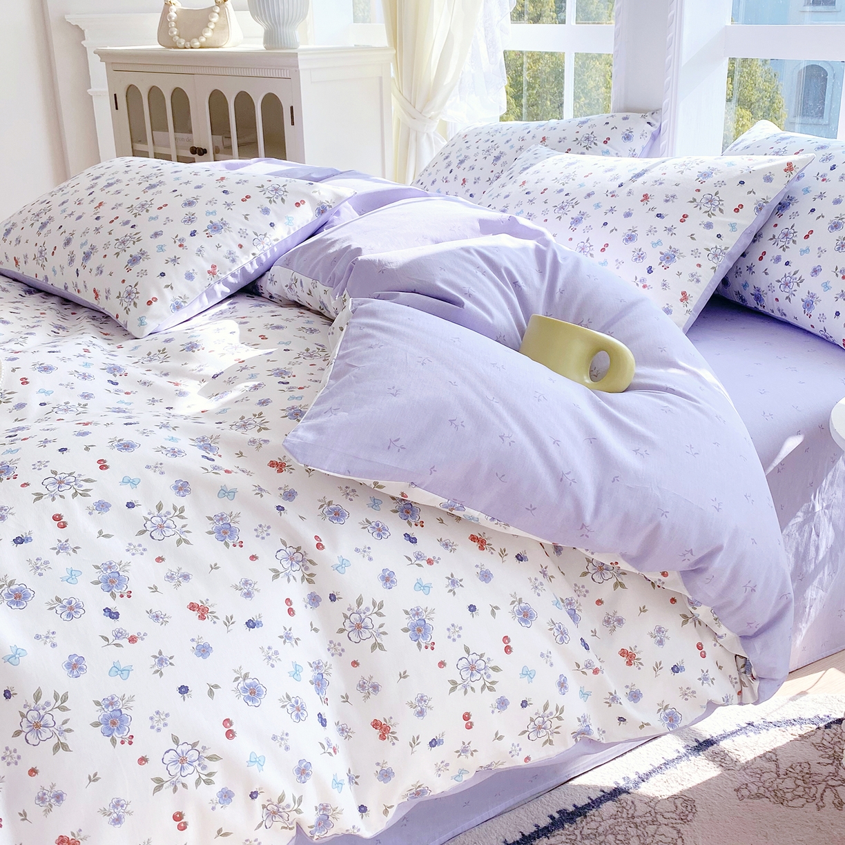 91家纺网 家纺一手货源 找家纺 小懒猪 2026春夏新款全棉纯棉花卉款四件套 雾蓝花簇