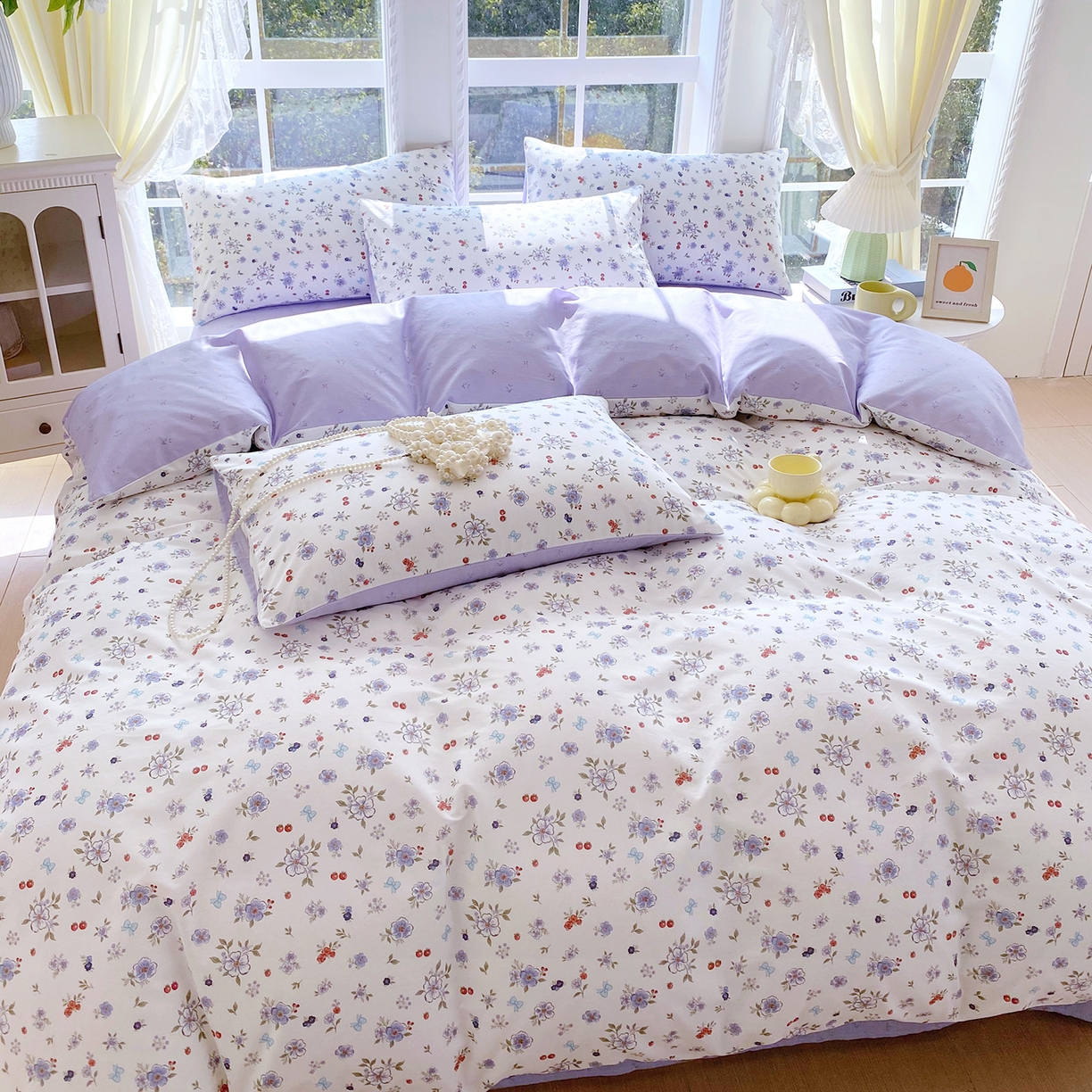 91家纺网 家纺一手货源 找家纺 小懒猪 2026春夏新款全棉纯棉花卉款四件套 雾蓝花簇