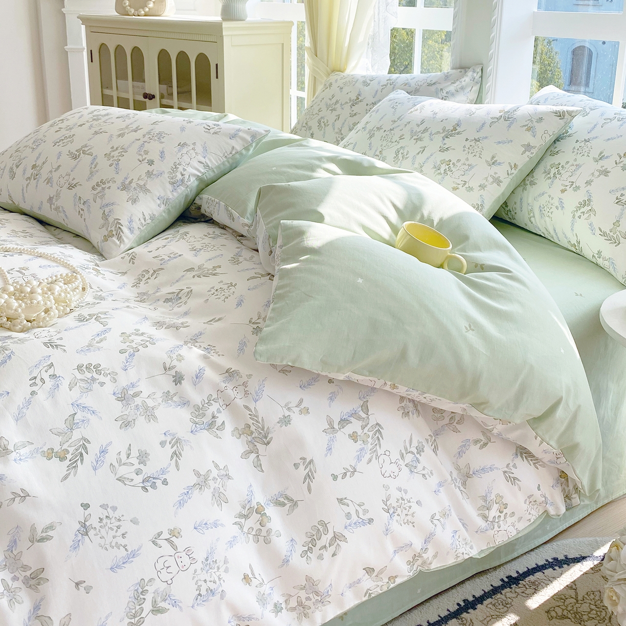 91家纺网 家纺一手货源 找家纺 小懒猪 2026春夏新款全棉纯棉花卉款四件套 森屹兔眠