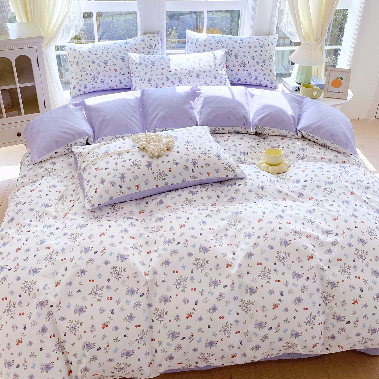 91家纺网 家纺一手货源 找家纺 小懒猪 2026春夏新款全棉纯棉花卉款四件套 雾蓝花簇