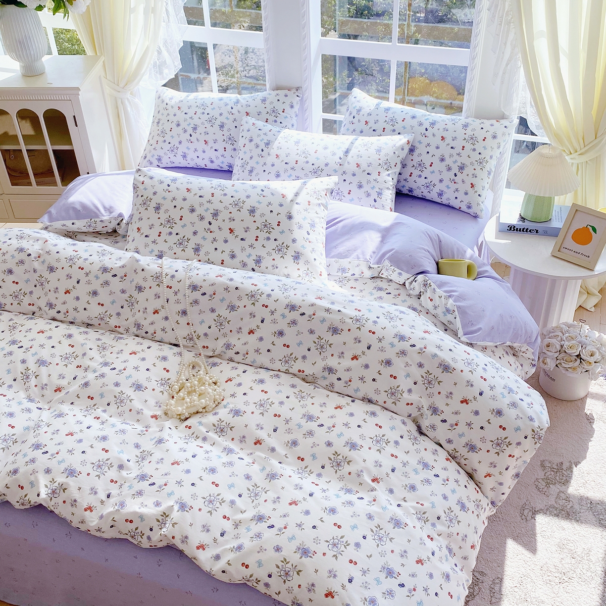 91家纺网 家纺一手货源 找家纺 小懒猪 2026春夏新款全棉纯棉花卉款四件套 雾蓝花簇