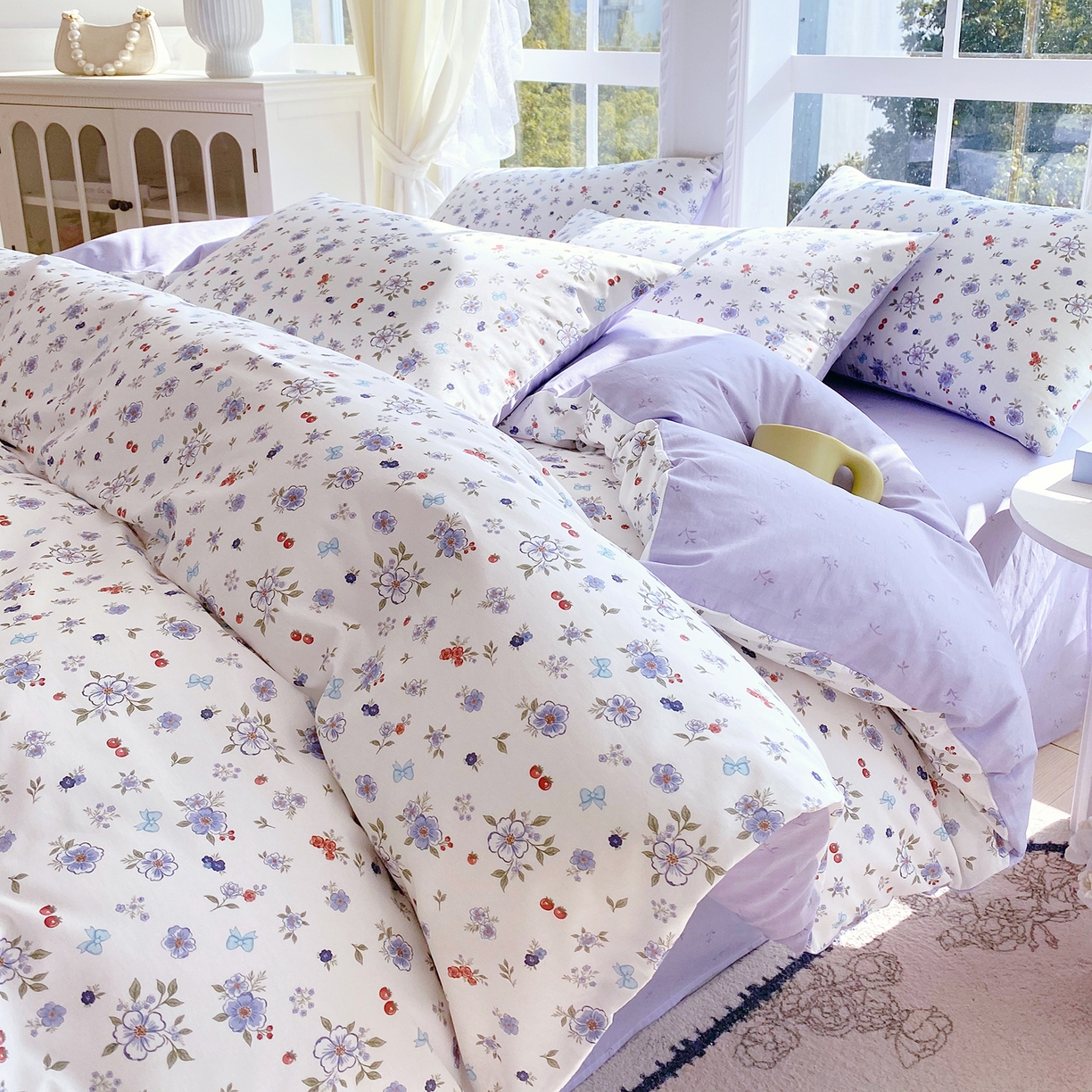 91家纺网 家纺一手货源 找家纺 小懒猪 2026春夏新款全棉纯棉花卉款四件套 雾蓝花簇