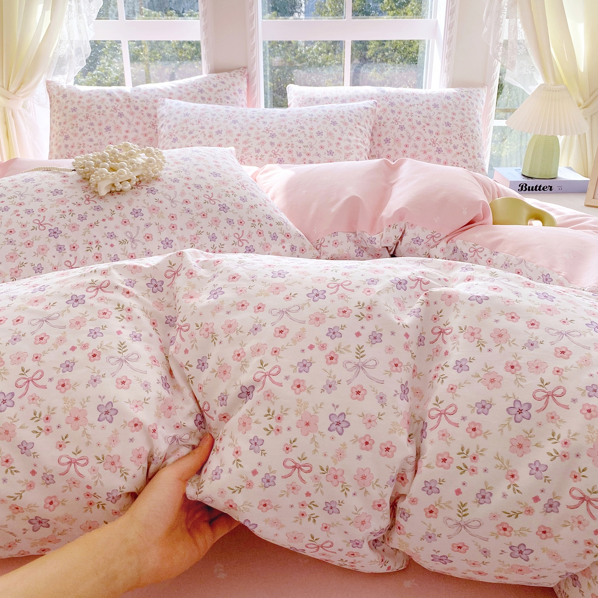 91家纺网 家纺一手货源 找家纺 小懒猪 2026春夏新款全棉纯棉花卉款四件套 紫粉花漾