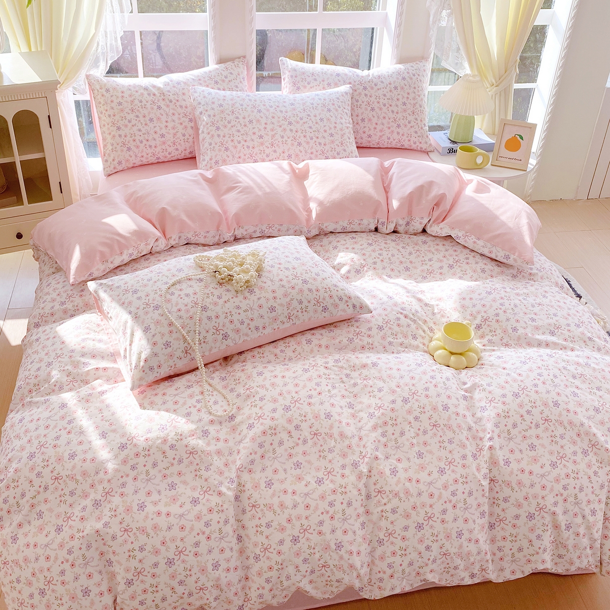 91家纺网 家纺一手货源 找家纺 小懒猪 2026春夏新款全棉纯棉花卉款四件套 紫粉花漾