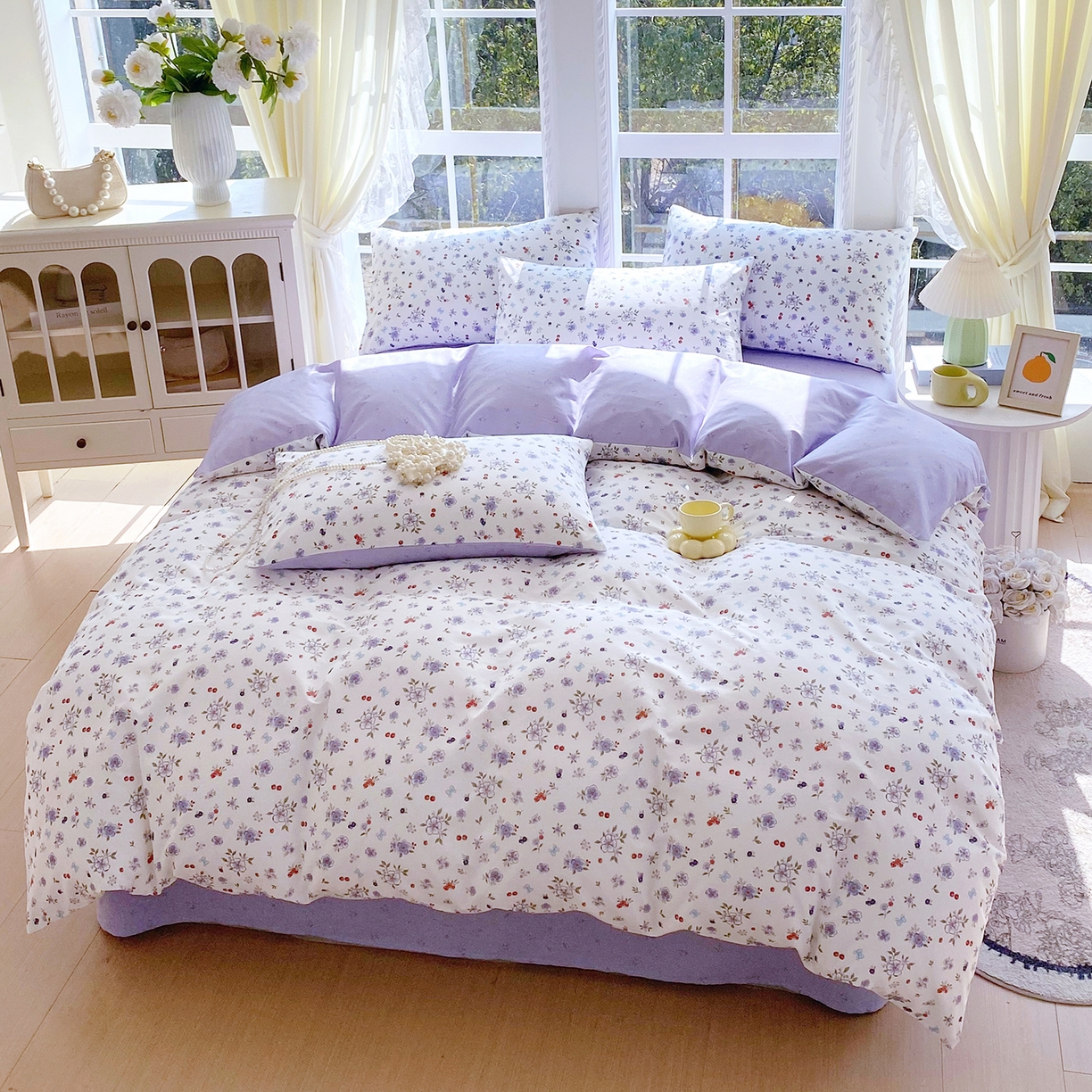 91家纺网 家纺一手货源 找家纺 小懒猪 2026春夏新款全棉纯棉花卉款四件套 雾蓝花簇